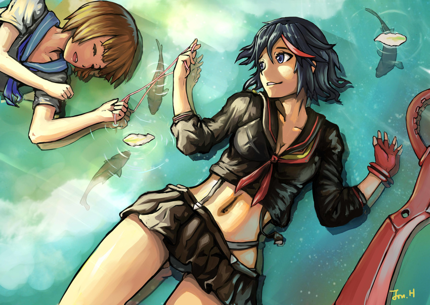 2girls absurdres black_hair blue_eyes breasts brown_hair cleavage commentary crop_top crop_top_overhang fish highres jonathan_h kill_la_kill lying mankanshoku_mako matoi_ryuuko medium_breasts midriff miniskirt multicolored_hair multiple_girls navel open_clothes open_skirt panties pantyshot school_uniform scissor_blade_(kill_la_kill) serafuku short_hair skirt sleeping smile streaked_hair string string_of_fate suspenders symbol-shaped_pupils underwear white_panties