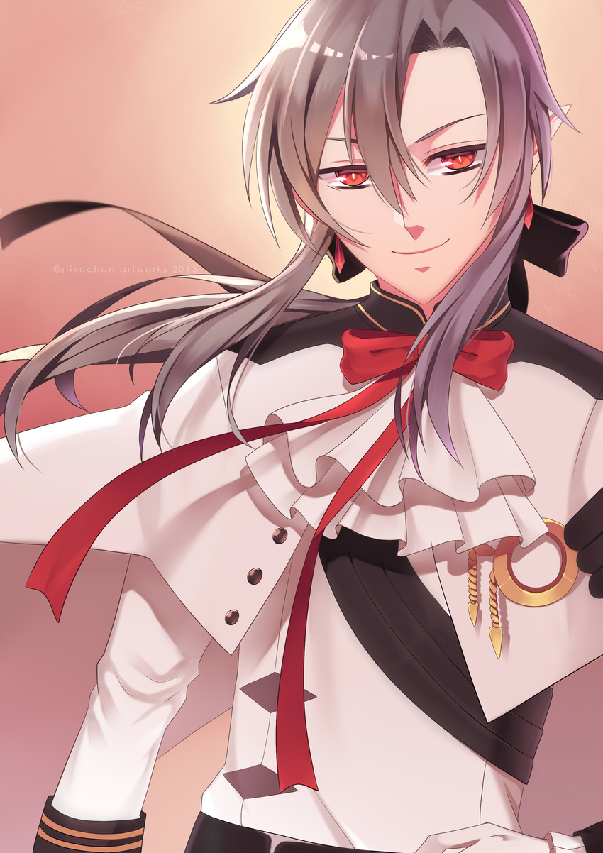 1boy absurdres commentary english_commentary ferid_bathory gloves grey_hair highres long_hair looking_at_viewer male_focus owari_no_seraph photoshop_(medium) pointy_ears red_eyes ribbon riikochan smile solo white_gloves