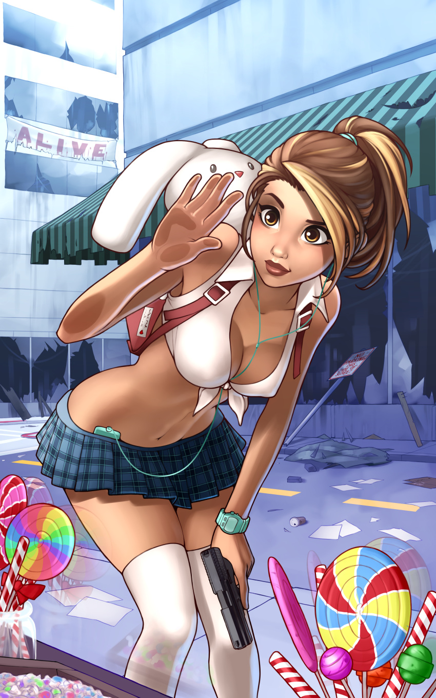 absurdres against_glass backpack bag blonde_hair blue_skirt breasts brown_eyes brown_hair candy candy_cane cerra_romero cleavage commentary commission cover_image covered_nipples digital_media_player earbuds earphones english_commentary female food front-tie_top gun hair_ornament hair_scrunchie handgun highres land_of_the_dead leaning_forward lips lollipop lowleg lowleg_skirt medium_breasts midriff miniskirt multicolored_hair navel nose plaid plaid_skirt pleated_skirt post-apocalypse randoseru ronindude scrunchie shirt short_ponytail skirt solo standing streaked_hair stuffed_animal stuffed_rabbit stuffed_toy swirl_lollipop tan thighhighs tied_shirt toned trigger_discipline two-tone_hair watch weapon wristwatch zettai_ryouiki