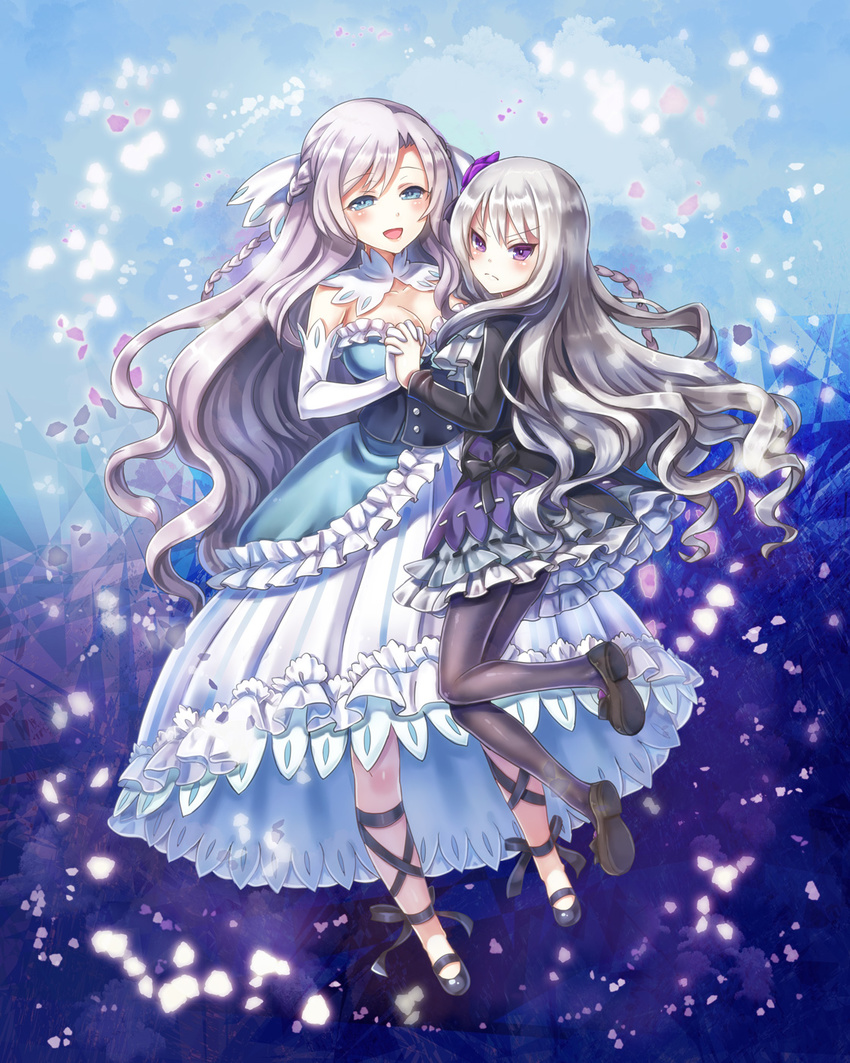 2girls :d black_dress black_footwear black_legwear blue_dress blue_eyes braid breasts bridal_gauntlets cleavage commentary_request dress ensei frilled_dress frills frown gloves gothic_wa_mahou_otome highres holding_hands long_hair looking_at_viewer looking_back medium_breasts multiple_girls open_mouth pantyhose plumeria_(gothic_wa_mahou_otome) purple_eyes purple_hair rosalie_(gothic_wa_mahou_otome) shoes silver_hair smile white_gloves