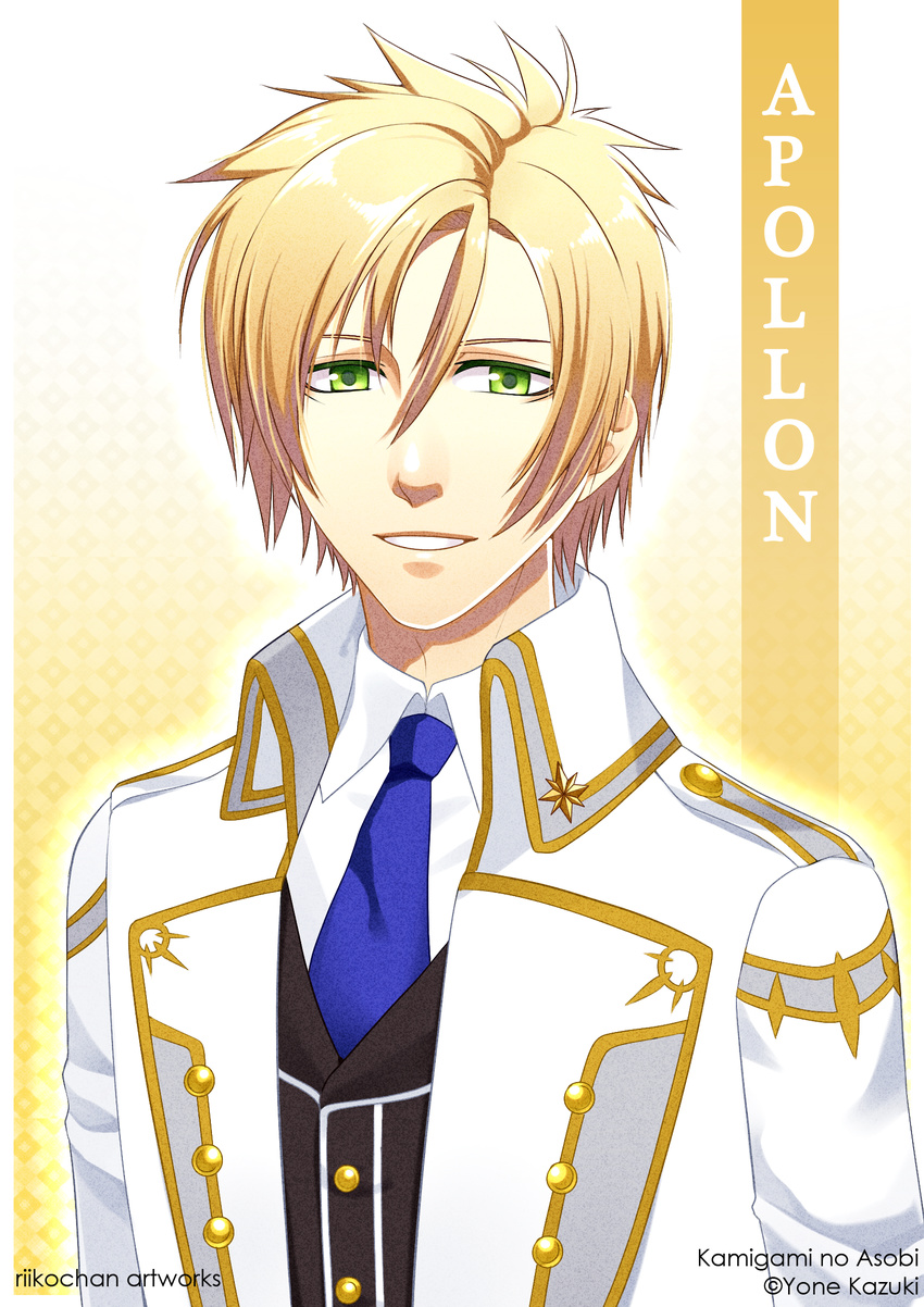 1boy apollo_agane_belea blonde_hair character_name commentary english_commentary green_eyes highres kamigami_no_asobi male_focus riikochan smile solo