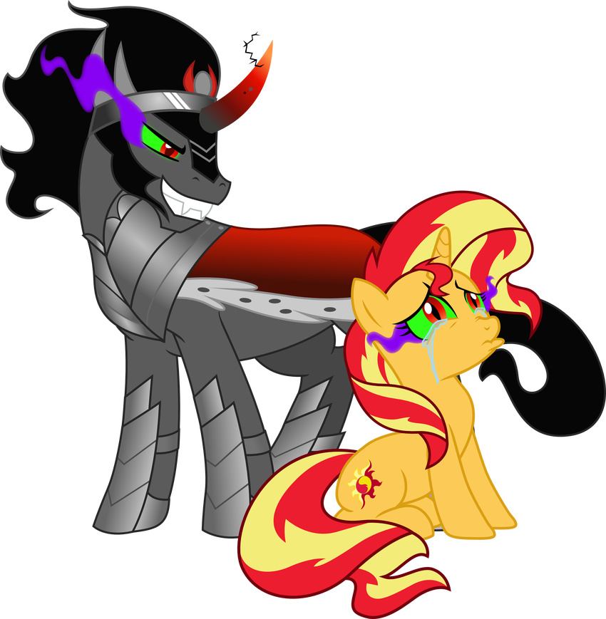 2015 absurd_res alpha_channel bodily_fluids crying duo equestria_girls equid equine female feral friendship_is_magic hasbro hi_res horn king_sombra_(mlp) male mammal my_little_pony mythological_creature mythological_equine mythology sad simple_background sunset_shimmer_(eg) tears theshadowstone transparent_background unicorn