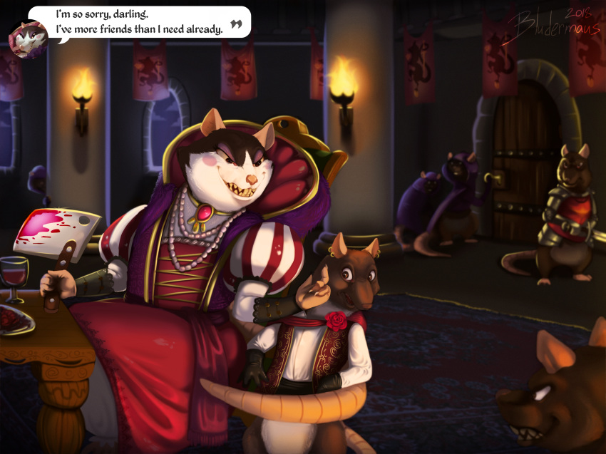 2018 4:3 absurd_res anthro armello armor banner blood bludermaus bodily_fluids brown_body brown_fur cleaver_(weapon) cloak clothed clothing dialogue digital_drawing_(artwork) digital_media_(artwork) door dress ear_piercing ear_ring english_text female flower fur gloves gore griotte_(armello) group handwear hi_res jewelry league_of_geeks makeup male mammal medieval melee_weapon mercurio_(armello) murid murine necklace overweight overweight_female piercing plant rat ring_piercing rodent rose_(flower) simple_background smile sword teeth text torch weapon