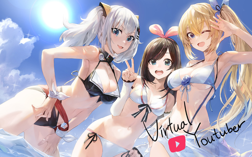 a.i._channel aqua_eyes bikini blue_hair blush breasts brown_hair cat_smile cleavage clouds flowers kaguya_luna kaguya_luna_(character) kizuna_a.i. long_hair mirai_akari mirai_akari_project mossi navel ponytail sky swimsuit twintails water white_hair wink wristwear