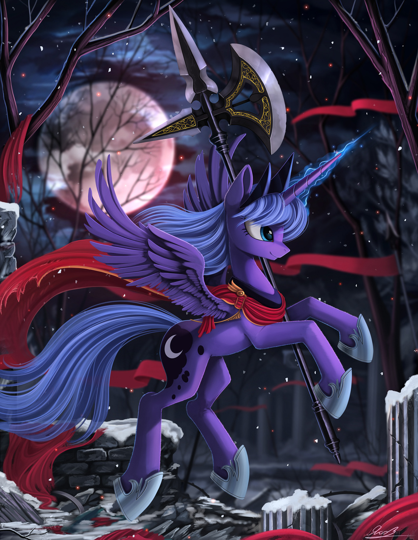 2015 absurd_res alicorn banner blue_body blue_feathers branch column equid equine feathered_wings feathers female feral filigree friendship_is_magic gold_(metal) halberd hasbro hi_res horn horse mammal melee_weapon moon my_little_pony mythological_creature mythological_equine mythology plant polearm pony ponykillerx princess_luna_(mlp) rock signature snow snowing solo tree weapon wings yakovlev-vad