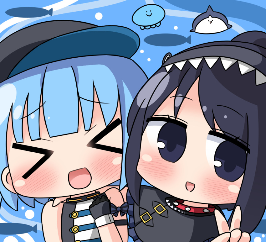 >_< 2girls :d animal baseball_cap black_capelet black_eyes black_gloves black_hair black_hat blue_hair blush capelet check_copyright chibi closed_eyes collar commentary_request copyright_request facing_viewer fish gloves hana_kazari hat indie_virtual_youtuber jellyfish long_hair looking_at_viewer multiple_girls open_mouth project_upd8 red_collar sameya_sou shirt sleeveless sleeveless_shirt smile spiked_collar spikes v virtual_youtuber water white_shirt wotoha_(character) xd