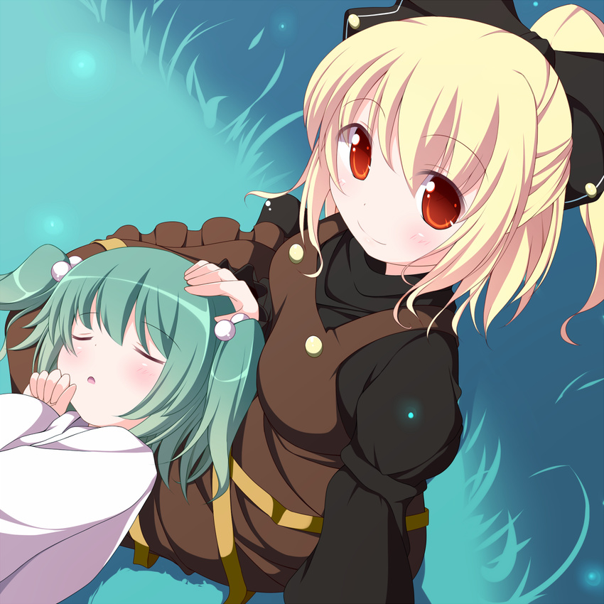 2girls blonde_hair blush bow brown_dress closed_eyes commentary_request dress green_hair hair_bobbles hair_ornament hairbow headpat highres japanese_clothes juliet_sleeves kimono kisume kurodani_yamame lap_pillow long_sleeves looking_at_viewer multiple_girls nikku_(ra) open_mouth ponytail puffy_sleeves red_eyes revision shirt sitting smile touhou twintails yukata