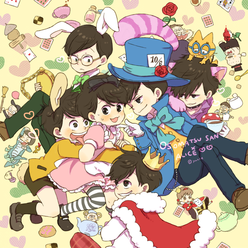 6+boys :3 :d :o ^_^ ace_(playing_card) ace_of_hearts alice_(alice_in_wonderland) alice_(alice_in_wonderland)_(cosplay) alice_in_wonderland animal animal_costume animal_ears animal_hands animal_on_head apron armor baseball_cap black_bow black_eyes black_footwear black_hat black_legwear black_shorts black_socks blue_hat blue_jacket blue_pants blush bottle bow bowl bowl_cut bowtie broom brothers brown_eyes brown_footwear brown_hair brown_shorts buck_teeth cape card cat_on_head cat_tail caterpillar_(alice_in_wonderland) caterpillar_(alice_in_wonderland)_(cosplay) cheshire_cat_(alice_in_wonderland) cheshire_cat_(alice_in_wonderland)_(cosplay) chibita choker closed_eyes closed_mouth club_(shape) collar commentary_request cookie copyright_name cosplay crossdressing crossed_legs crown cup dayoon dekapan diamond_(shape) dormouse_(alice_in_wonderland) dormouse_(alice_in_wonderland)_(cosplay) dress drooling ear_piercing esper_nyanko falling feline female five_of_spades flag flower food frilled_dress frills frown fur_trim glasses gloves green_bow green_bowtie green_pants green_vest grin hairband hairbow hammer hand_on_another's_arm hand_on_another's_chin hand_on_another's_shoulder hat hat_flower hat_ribbon hatabou head_flag heart highres hijirisawa_shonosuke holding holding_another's_arm holding_cup holding_weapon hookah hug hug_from_behind humpty_dumpty incest iyami jacket kemonomimi_mode key king_(playing_card) king_of_hearts_(alice_in_wonderland) king_of_hearts_(alice_in_wonderland)_(cosplay) king_of_spades kneehighs leaning_forward leaning_on_person leaning_to_the_side long_sleeves looking_at_another looking_to_the_side looking_up low_twintails mad_hatter_(alice_in_wonderland) mad_hatter_(alice_in_wonderland)_(cosplay) march_hare_(alice_in_wonderland) march_hare_(alice_in_wonderland)_(cosplay) matsuno_choromatsu matsuno_ichimatsu matsuno_jyushimatsu matsuno_karamatsu matsuno_osomatsu matsuno_todomatsu mouse_ears multicolored_tail multiple_boys object_on_head oden on_head open_mouth osomatsu-kun osomatsu-san osomatsu_(series) outstretched_arms pants paw_gloves piercing pink_dress plaid plaid_pants plate playing_card pocket_watch poison_mushroom puffy_short_sleeves puffy_sleeves rabbit_ears rabbit_tail red_bow red_bowtie red_cape red_flower red_footwear red_rose ribbon rimless_eyewear rose round_eyewear royal_robe saucer sextuplets sheeeh! shirt shoes short_sleeves short_twintails shorts siblings sleeves_past_wrists smile socks spade_(shape) spiked_choker spiked_collar spikes spoon striped_clothes striped_thighhighs sugar_cube sweatdrop swept_bangs tail teacup teapot teeth thighhighs three_of_hearts tongue tongue_out top_hat topless_male twintails twitter_username upside-down vest watch weapon white_armor white_flag white_flower white_gloves white_rabbit_(alice_in_wonderland) white_rabbit_(alice_in_wonderland)_(cosplay) white_rose white_shirt yaoi yellow_background yellow_jacket yowai_totoko yukke