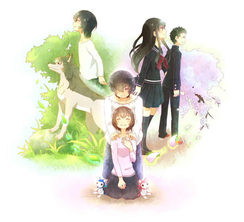 2girls 3boys ame_(ookami_kodomo) animalization beard black_eyes black_hair blazer blue_eyes blush brown_hair buttons cherry_blossoms closed_eyes collarbone commentary_request denim dress dual_persona facial_hair grass green_eyes green_hair hair_over_one_eye hana_(ookami_kodomo) hand_on_own_chest hands_on_another's_shoulders jacket jeans kneeling light_smile multiple_boys multiple_girls necktie ookami_kodomo_no_ame_to_yuki ookami_otoko pants petals red_eyes rock sailor_dress school_uniform serafuku sidelocks siro-kuro-siro2 sitting skirt smile souhei_(ookami_kodomo) spiked_hair spoilers stuffed_toy tree wolf yuki_(ookami_kodomo)