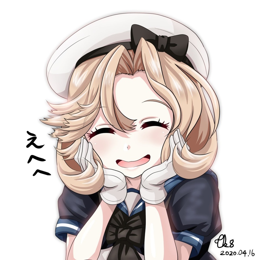 bangs black_neckwear blonde_hair blue_eyes blue_sailor_collar closed_eyes commentary_request dated dress facing_viewer female gloves hands_on_own_face hat highres janus_(kantai_collection) kantai_collection parted_bangs sailor_collar sailor_dress sailor_hat short_hair short_sleeves signature simple_background smile solo tk8d32 upper_body white_background white_dress white_gloves white_headwear