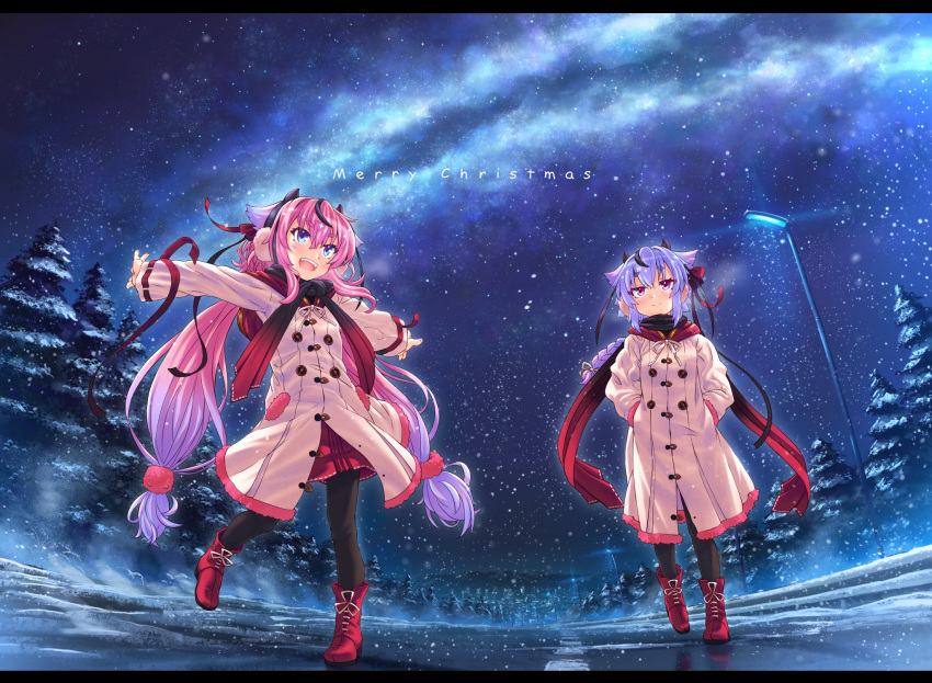 2others blue_eyes blue_hair boots braid christmas coat commentary cross-laced_footwear etogami_kazuya gradient_hair hair_flaps hair_ornament hair_scrunchie hands_in_pockets highres lace-up_boots lamppost letterboxed long_hair meika_hime meika_mikoto merry_christmas miniskirt multicolored_hair multiple_others night night_sky open_mouth other_focus outstretched_arms pantyhose pine_tree pink_eyes pink_hair red_footwear red_scarf red_skirt reflection ribbon road scarf scenery scrunchie skirt sky smile snowing star_(sky) starry_sky tree twintails very_long_hair vocaloid white_coat wide_shot winter