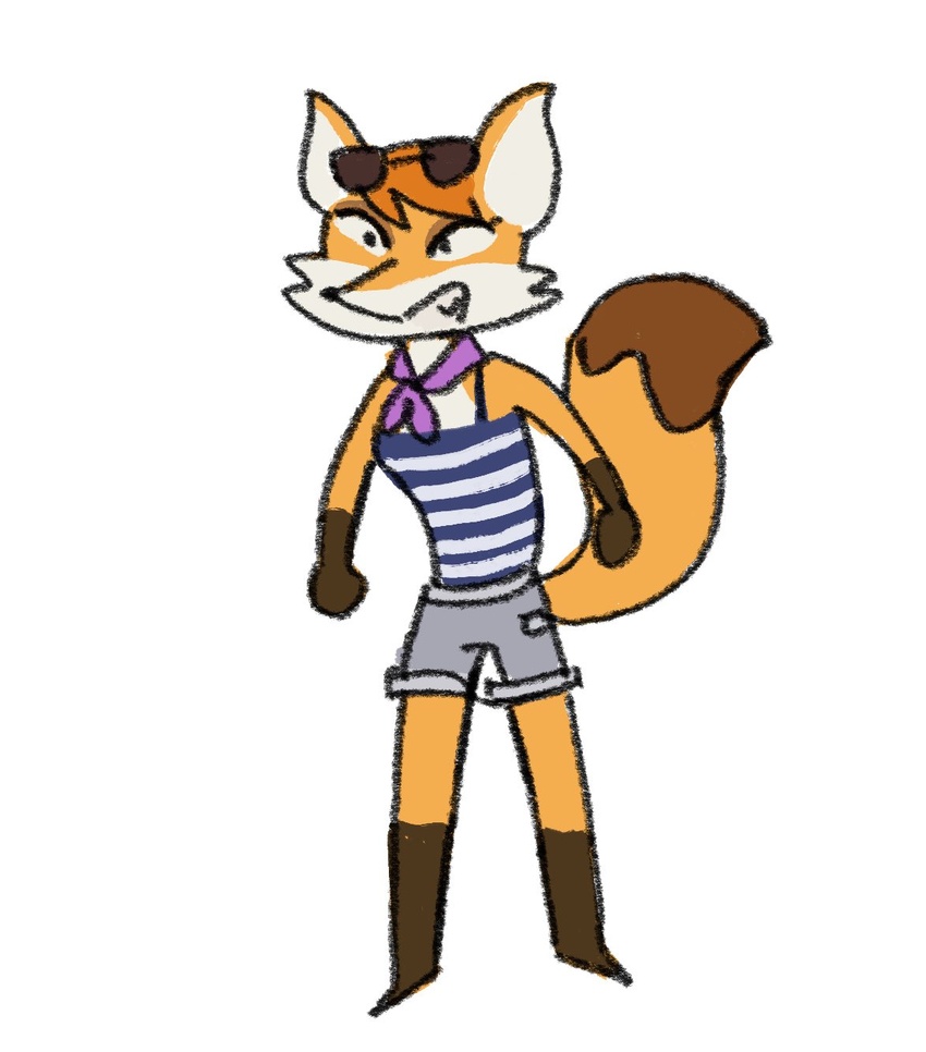 anthro bottomwear brown_tail_tip canid canine clever_raccoon_dog clothing dipstick_tail eyewear female fox hair hi_res mammal markings orange_hair sahbeetle sek_studio shorts simple_background solo sunglasses tail tail_markings topwear tube_top vixen_thief_(clever_raccoon_dog) white_background yeou_doduk