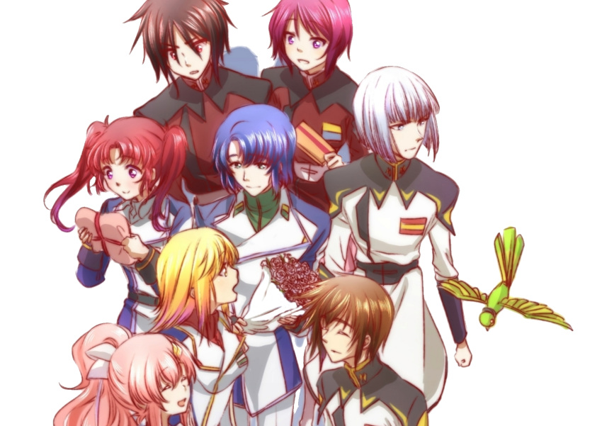 4boys 4girls athrun_zala bird bouquet brother_and_sister cagalli_yula_athha flower gift gundam gundam_seed gundam_seed_destiny hair_ornament highres kira_yamato lacus_clyne lunamaria_hawke meyrin_hawke military military_uniform morihaw multiple_boys multiple_girls non-humanoid_robot robot robot_animal rose shinn_asuka siblings smile uniform yzak_joule