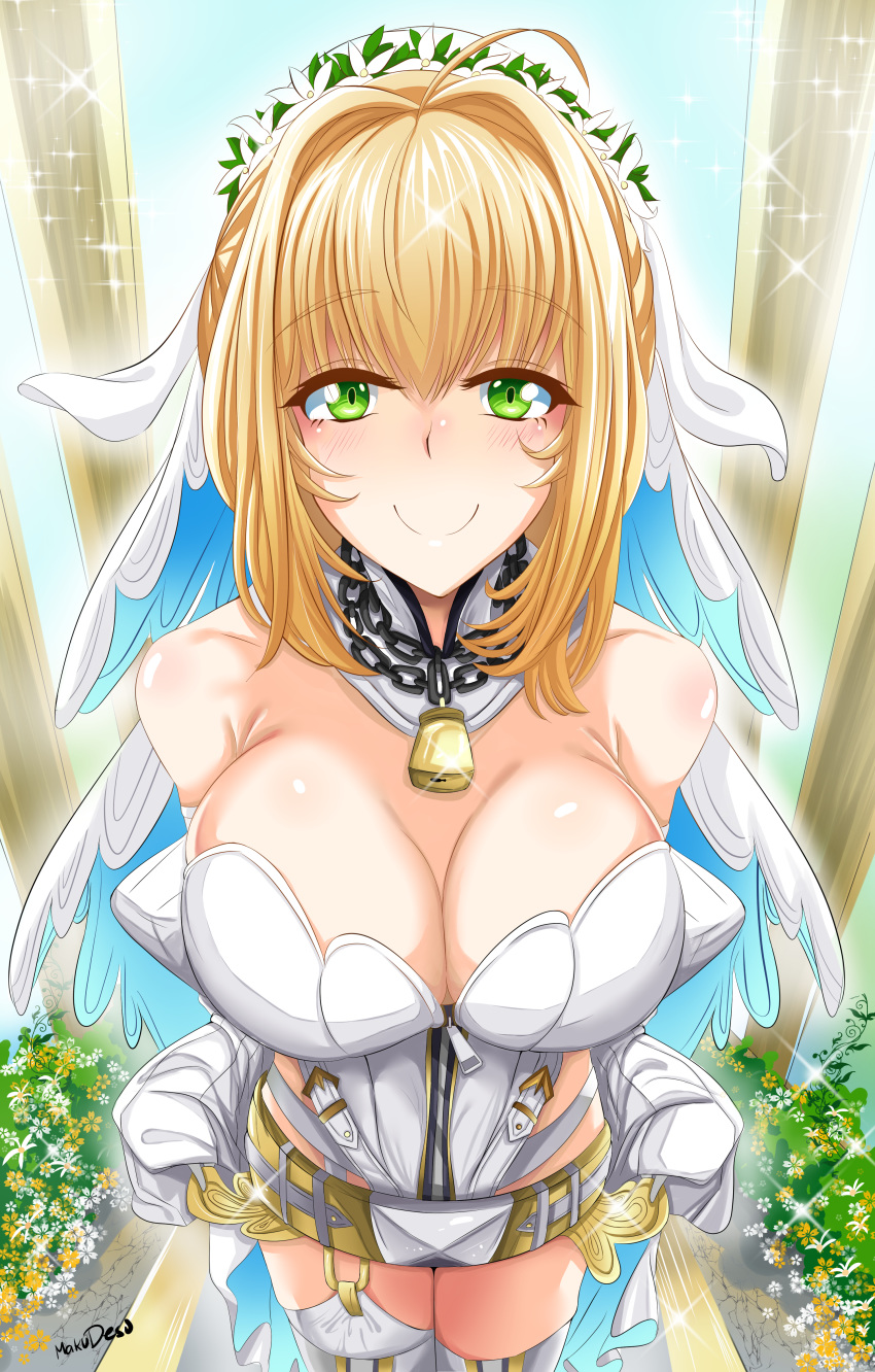 absurdres ahoge bare_shoulders belt blush breasts bridal_veil chains cleavage closed_mouth detached_sleeves fate/extra fate/extra_ccc fate_(series) female flower_wreath full-length_zipper gloves hair_intakes head_wreath highres large_breasts leotard lock long_hair long_sleeves looking_at_viewer loose_belt makudesu nero_claudius_(bride)_(fate) nero_claudius_(bride)_(second_ascension)_(fate) nero_claudius_(fate) padlock puffy_detached_sleeves puffy_sleeves smile solo sparkle veil white_leotard white_sleeves wide_sleeves zipper zipper_pull_tab