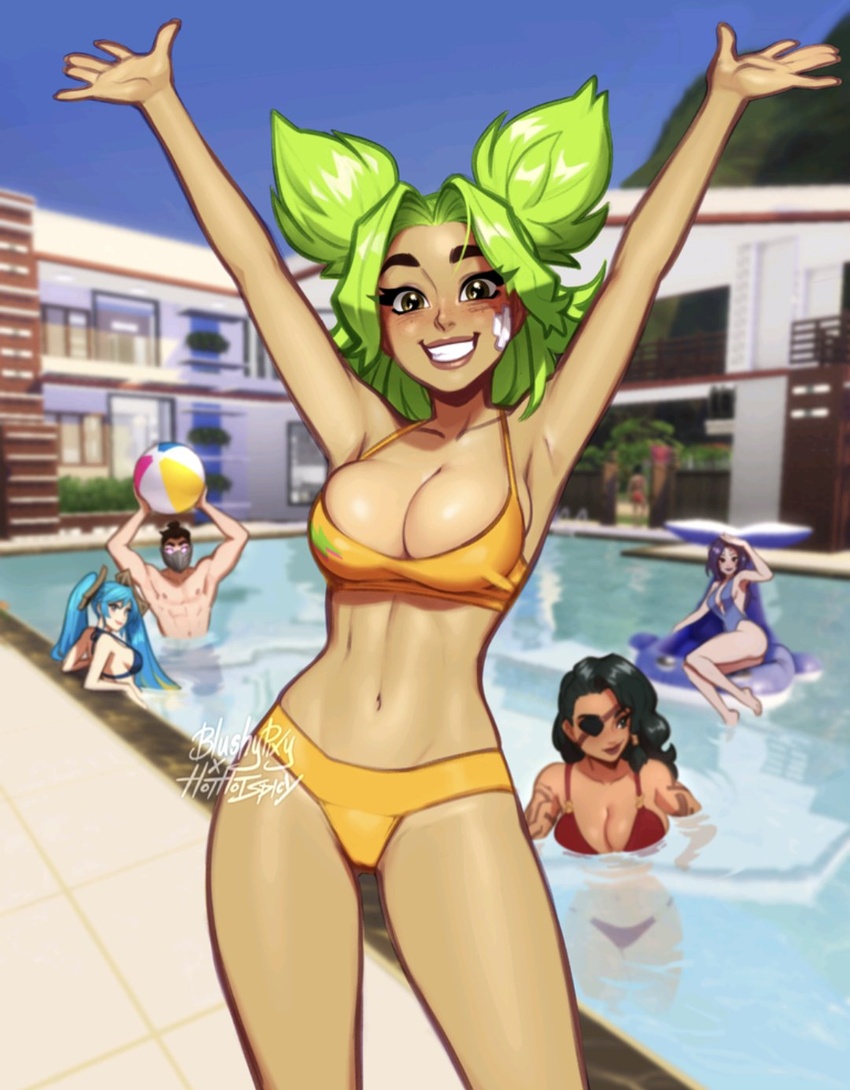 1boy 4girls arms_up bad_id bad_twitter_id ball bandaid bandaid_on_face bare_shoulders beachball bikini blush blushyspicy breasts closed_eyes collarbone eyepatch grin highres kai'sa large_breasts league_of_legends long_hair multiple_girls navel one-piece_swimsuit pool samira shen_(league_of_legends) shiny_skin short_hair signature skindentation smile sona_(league_of_legends) speech_bubble stomach swimsuit tan teeth twintails water zeri_(league_of_legends)