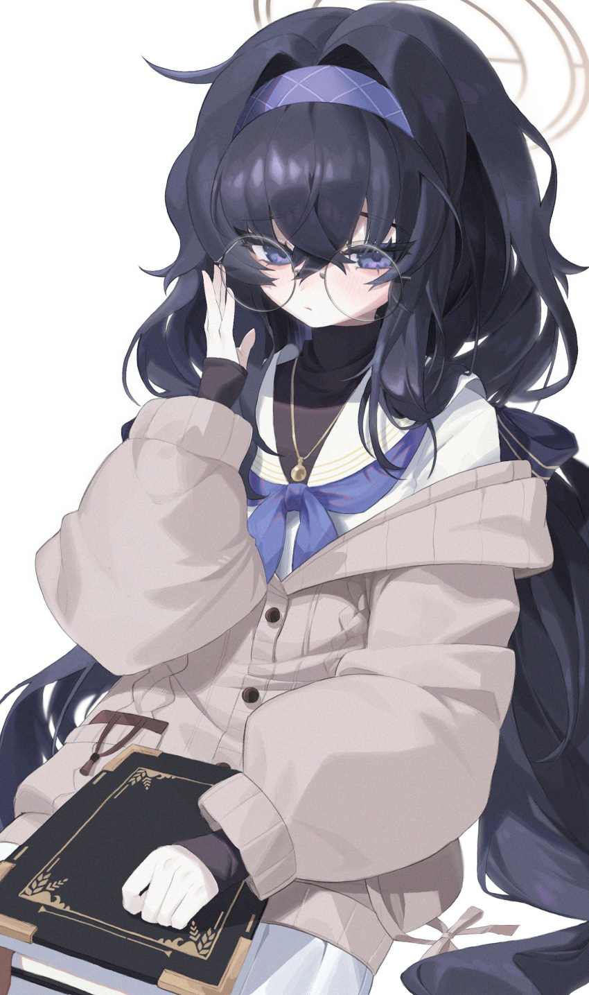 absurdres adjusting_eyewear black_hair black_undershirt blue_archive blue_eyes blue_hairband blue_neckerchief blush book cardigan commentary_request female hair_between_eyes hairband halo highres jewelry long_hair long_sleeves looking_at_viewer low_twintails neckerchief necklace pleated_skirt rima_(0136) round_eyewear sailor_collar school_uniform serafuku simple_background skirt solo twintails ui_(blue_archive) very_long_hair white_background white_serafuku white_skirt