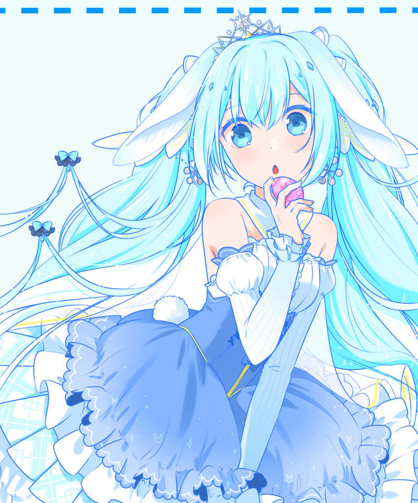 absurdres blue_eyes blue_hair chestnut_mouth commentary_request detached_sleeves dress easter_egg egg female floating_hair hair_between_eyes hatsune_miku highres holding juliet_sleeves layered_dress long_hair long_sleeves looking_at_viewer puffy_sleeves rabbit_tail so_ra_01_02 solo strapless strapless_dress tail tiara twintails underbust very_long_hair vocaloid white_sleeves yuki_miku yuki_miku_(2019)