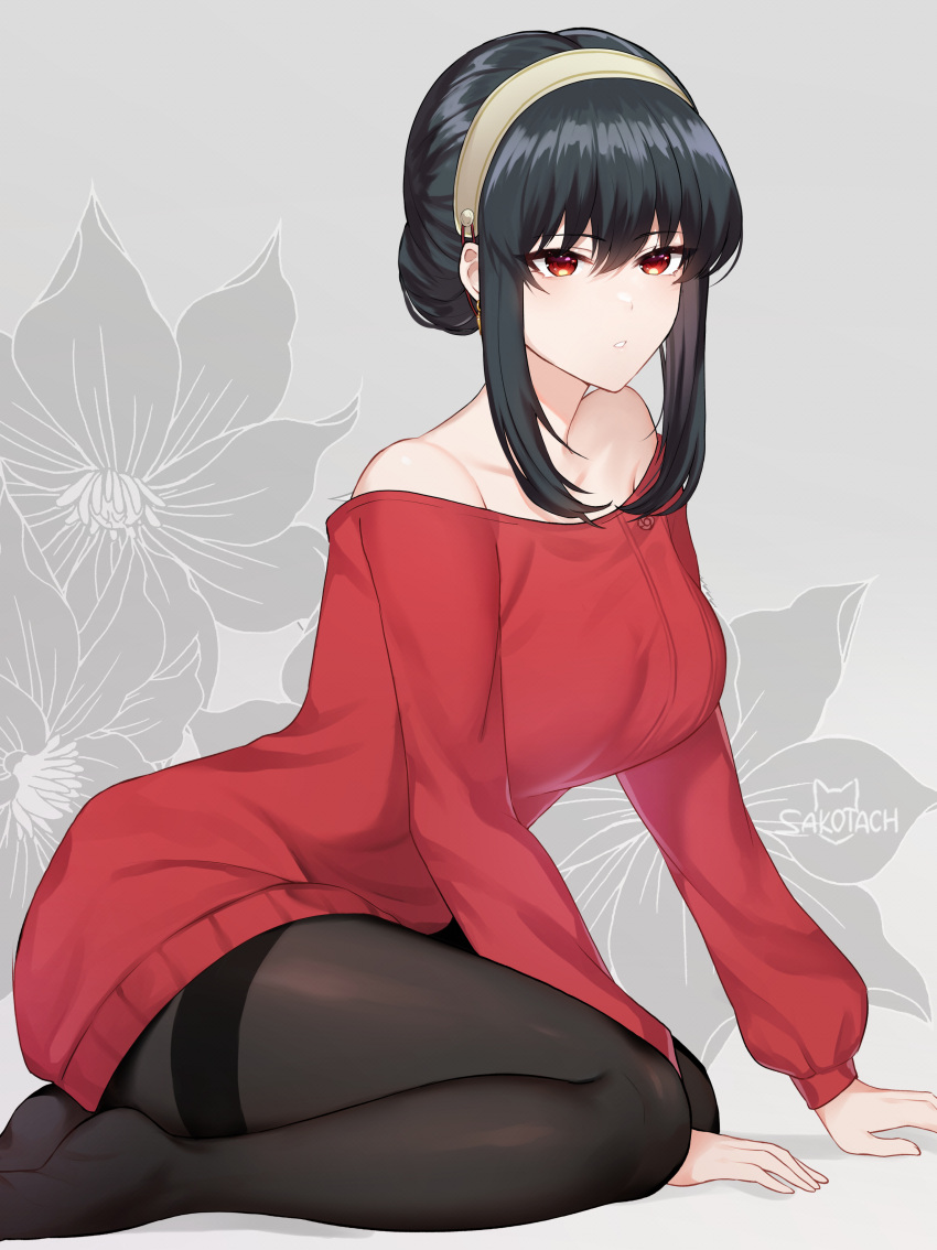 absurdres bare_shoulders black_hair black_pantyhose collarbone female hair_between_eyes hairband highres long_hair long_sleeves pantyhose parted_lips red_eyes red_sweater sakotach sitting solo spy_x_family sweater thighband_pantyhose yellow_hairband yokozuwari yor_briar