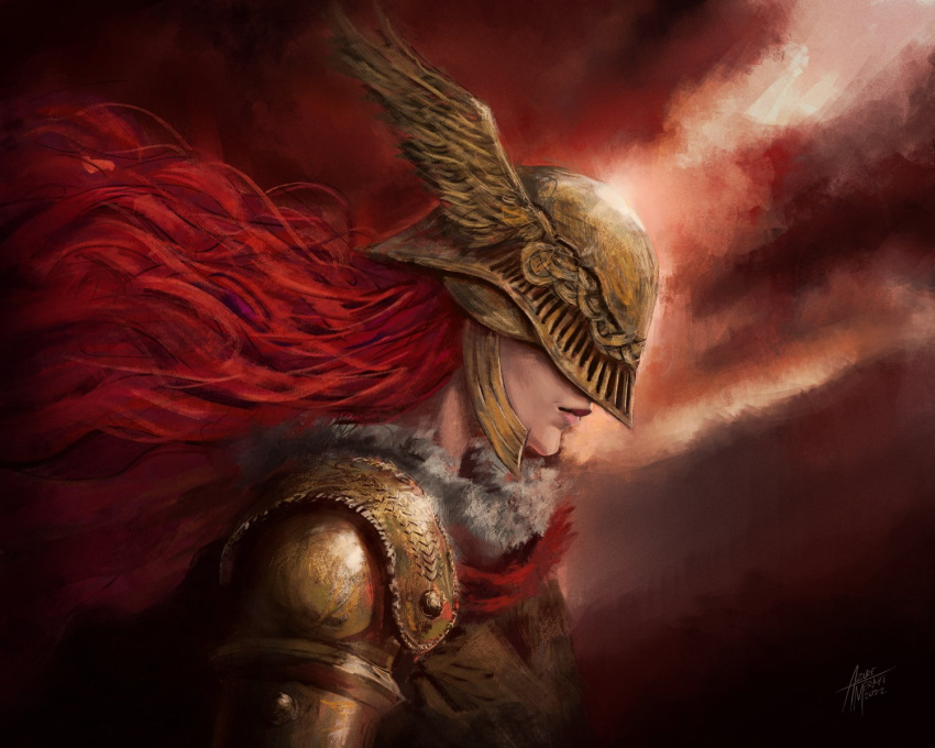 armor azure_meraki closed_mouth covered_eyes elden_ring female floating_hair from_side helmet highres malenia_blade_of_miquella mechanical_arms portrait prosthesis prosthetic_arm red_hair signature single_mechanical_arm solo winged_helmet