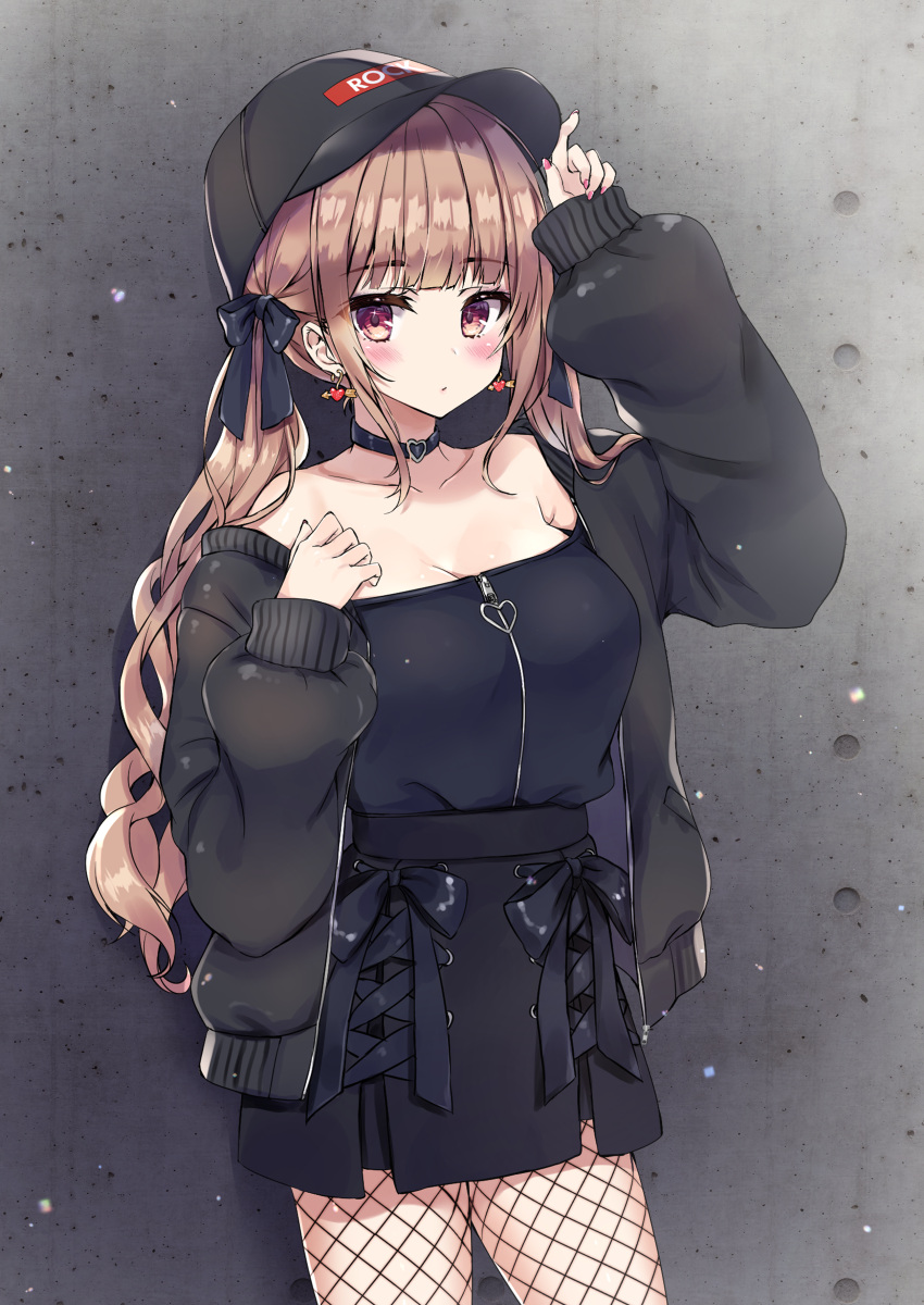 absurdres baseball_cap black_bow black_choker black_hat black_jacket black_shirt black_skirt blush bow breasts brown_hair choker cleavage closed_mouth collarbone commentary earrings female fishnet_pantyhose fishnets hairbow hat heart heart_earrings highres honoka_chiffon jacket jewelry long_hair long_sleeves medium_breasts off_shoulder open_clothes open_jacket original pantyhose puffy_long_sleeves puffy_sleeves red_eyes shirt skirt sleeves_past_wrists solo strapless strapless_shirt twintails very_long_hair