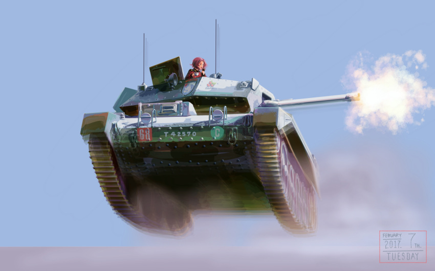 caterpillar_tracks crusader_(tank) cup emblem female fire girls_und_panzer highres looking_away microphone midair military military_vehicle motion_blur motor_vehicle pink_hair radio_antenna rosehip_(girls_und_panzer) short_hair solo st._gloriana's_(emblem) st._gloriana's_military_uniform tank teacup turret useless_(gss44344) yellow_eyes