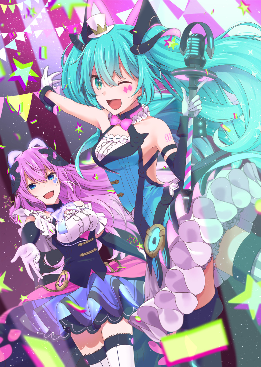 2girls :d ;d absurdres black_sleeves blue_eyes blue_hair bow bowtie commentary_request detached_sleeves dutch_angle floating_hair gloves green_eyes hair_between_eyes hatsune_miku highres holding holding_microphone_stand index_finger_raised layered_skirt long_hair long_sleeves looking_at_viewer magical_mirai_(vocaloid) magical_mirai_luka magical_mirai_luka_(2019) magical_mirai_miku magical_mirai_miku_(2019) megurine_luka microphone_stand miniskirt multiple_girls one_eye_closed open_mouth outstretched_arm partial_commentary pink_bow pink_bowtie pink_hair purple_bow purple_bowtie skirt smile so_ra_01_02 standing striped_clothes striped_thighhighs thighhighs twintails vertical-striped_clothes vertical-striped_thighhighs very_long_hair vocaloid white_gloves white_thighhighs zettai_ryouiki