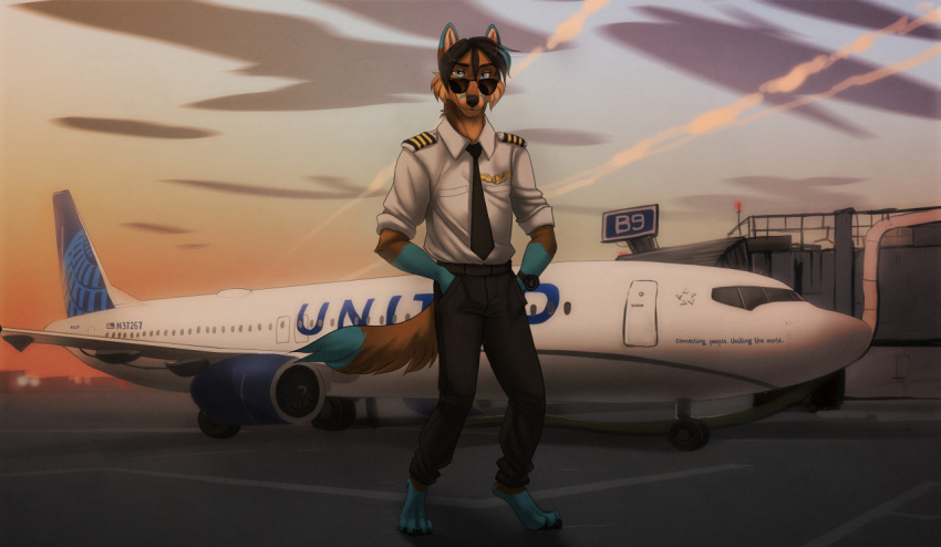 2021 4_toes aircraft airplane airport american_flag anthro ariadog arm_tuft barefoot biped black_hair black_nose black_pawpads blu_(cptmco) blue_body blue_eyes blue_fur blue_hair blue_highlights boeing boeing_737 bottomwear brown_body brown_fur canid canine canis cheek_tuft claws clock clothed clothing cloud contrail detailed_background digital_drawing_(artwork) digital_media_(artwork) digitigrade dipstick_ears dipstick_tail domestic_dog dress_shirt ear_markings elbow_tuft english_text eyebrow_through_hair eyebrows eyewear facial_tuft feet fluffy fluffy_tail fox fully_clothed fur gloves_(marking) hair hands_in_both_pockets highlights_(coloring) husky hybrid inner_ear_fluff jet leg_markings looking_at_viewer male mammal markings multicolored_body multicolored_ears multicolored_fur multicolored_hair necktie nordic_sled_dog outside pants pawpads paws pilot pilot_uniform shirt sky smile smiling_at_viewer socks_(marking) solo spitz sunglasses sunset tail tail_markings text toe_claws toes topwear translucent translucent_hair tuft two_tone_hair uniform united_airlines united_states_of_america vehicle watch wristwatch