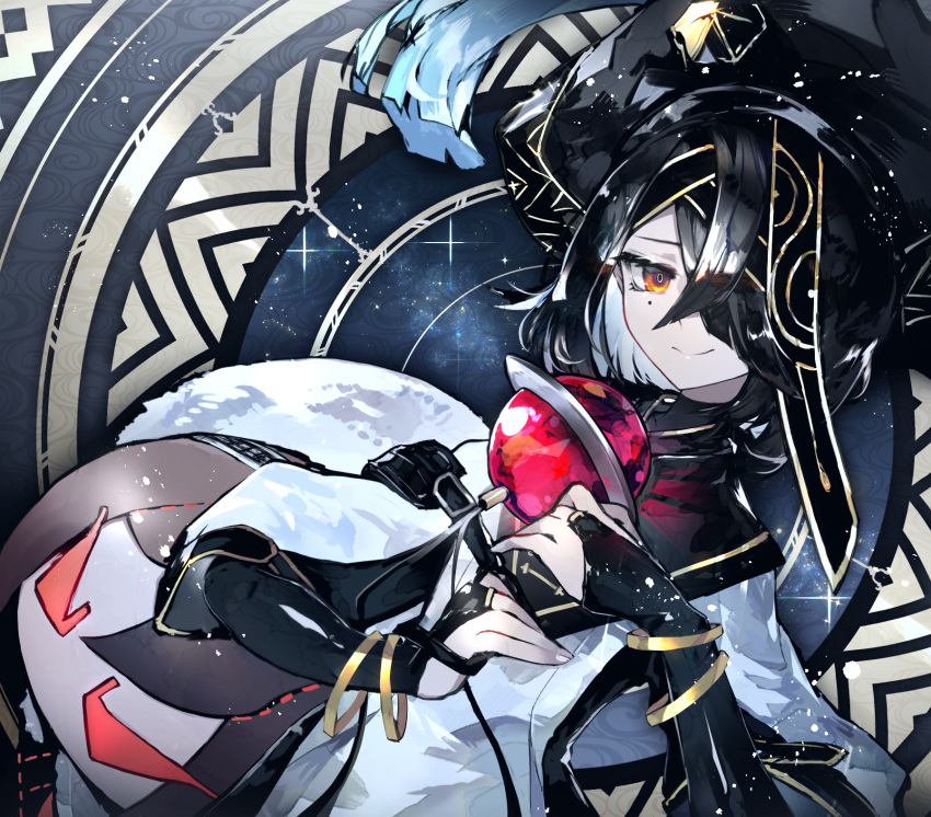 black_hair black_hat bracelet breasts bridal_gauntlets brown_eyes character_doll chinese_clothes closed_mouth commentary doll fate/grand_order fate_(series) female hair_over_one_eye hat highres jewelry kusakanmuri long_sleeves looking_at_viewer mole mole_under_eye robe short_hair small_breasts smile solo space_xu_fu_(fate) stuffed_toy white_robe xu_fu_(fate) yu_mei-ren_(fate)