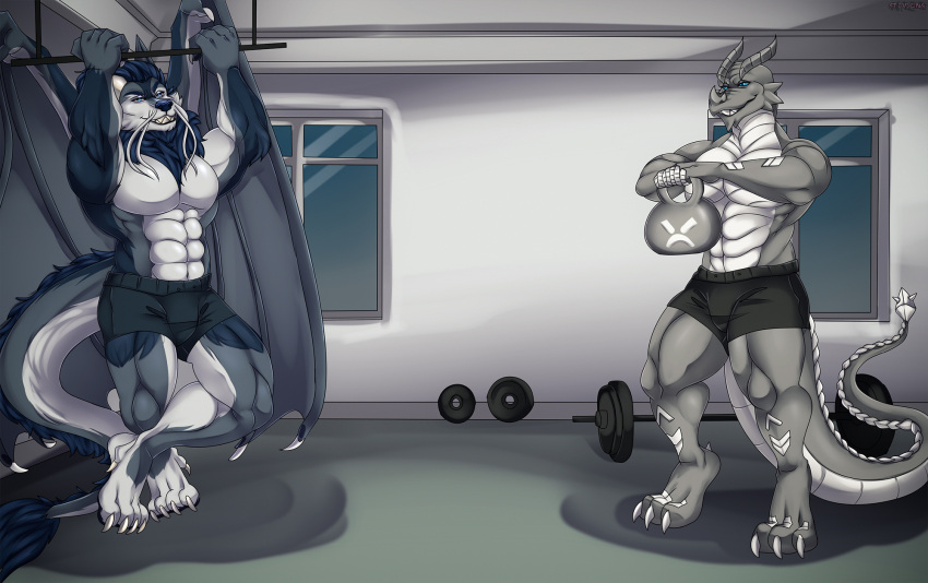 2022 abs accessory anthro biceps black_clothing black_underwear blue_eyes boxers_(clothing) canid canine canis claws clothing digital_media_(artwork) digitigrade dragon duo exercise flexing grey_body grin gym hi_res hybrid kardukk kettlebell kobold looking_at_another male mammal multicolored_body myst_(mechanodragon) mythological_creature mythological_scalie mythology paws pecs pull-up_(exercise) reptile scalie shaded signature simple_background smile spikes stevlong tail teeth two_tone_body two_tone_tail underwear white_body wolf