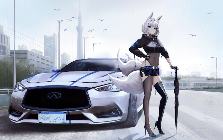 absurdres alternate_costume animal_ear_fluff animal_ears asymmetrical_legwear azur_lane belt bird black_jacket black_thighhighs black_umbrella blue_belt blue_footwear blue_ribbon blue_skirt blue_sky breasts brown_leotard building car character_name checkered_clothes checkered_footwear checkered_gloves checkered_shorts city closed_umbrella clothes_writing commentary copyright_name country_connection covered_collarbone covered_navel cropped_jacket crosswalk day drawstring eyeliner female fingerless_gloves fox_ears fox_girl fox_tail full_body gloves grey_thighhighs groin hand_on_own_hip high_heels highleg highleg_leotard highres hip_vent hood hood_down hooded_jacket infiniti_(company) infiniti_q60 jacket kaga_(azur_lane) kcar66t kitsune lamppost large_breasts leg_ribbon leotard leotard_under_clothes license_plate light_frown linea_alba long_sleeves looking_at_viewer makeup medium_hair micro_shorts motor_vehicle outdoors power_lines product_placement race_queen railing real_world_location red_eyeliner ribbon road sakura_empire_(emblem) see-through see-through_leotard shadow shiny_clothes shorts side_slit skindentation skirt sky skyscraper sleeveless_turtleneck_leotard sleeves_rolled_up solo sports_car standing strappy_heels tail thigh_ribbon thighhighs tokyo_(city) tokyo_skytree tree umbrella vehicle_focus white_hair wrist_ribbon zipper zipper_pull_tab