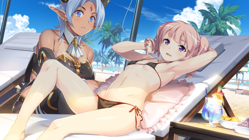 2girls arm_up armpits beach bikini black_bikini blue_eyes blue_hair blue_sky bonny_kalar breasts chair cleavage cocktail dark-skinned_female dark_elf dark_skin day detached_collar drill_hair earrings elf evenicle_(series) evenicle_2 forehead_jewel game_cg jewelry kalar_(race) large_breasts looking_at_viewer lounge_chair lying multiple_girls non-web_source on_back outdoors palm_tree parted_lips pink_hair pointy_ears purple_eyes rona_heinlein sand shade side-tie_bikini_bottom sky small_breasts smile squatting sunlight swimsuit takkun_(alicesoft) tan tanlines tree twin_drills