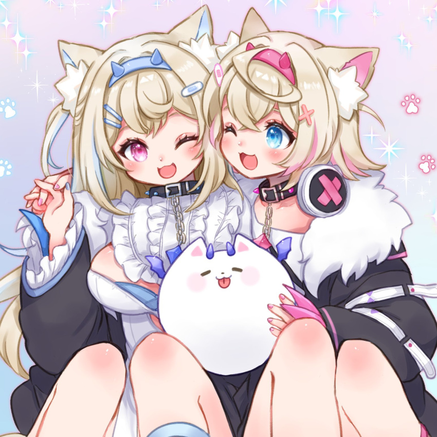 2girls :3 animal_ear_fluff animal_ears belt_collar black_collar black_jacket blue_nails blush breasts cleavage_cutout clothing_cutout collar commentary cropped_jacket cropped_shirt dog_ears dog_girl dress english_commentary fake_claws flat_chest fur-trimmed_jacket fur_trim fuwawa_abyssgard fuwawa_abyssgard_(1st_costume) hair_ornament hairpin headphones headphones_around_neck highres hololive hololive_english jacket large_breasts long_hair looking_at_another medium_hair mococo_abyssgard mococo_abyssgard_(1st_costume) multiple_girls nail_polish one_eye_closed open_mouth perroccino_(fuwamoco) pink_nails rabio_(labi555) shirt siblings sisters smile spiked_collar spikes twins virtual_youtuber white_dress white_shirt x_hair_ornament