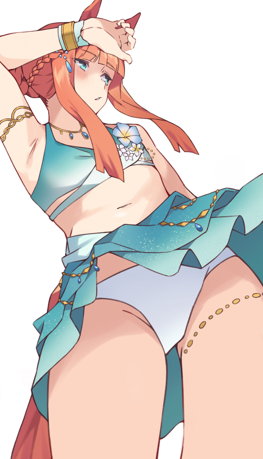 absurdres animal_ears arm_up armlet armpits bare_shoulders bikini blue_eyes blunt_bangs blush bracelet breasts commentary_request cowboy_shot female from_below highres horse_ears horse_girl horse_tail jewelry long_hair looking_to_the_side md5_mismatch midriff navel orange_hair parted_lips pirukusu sarong silence_suzuka_(emerald_on_the_waves)_(umamusume) silence_suzuka_(umamusume) simple_background small_breasts solo standing stomach swimsuit swimsuit_skirt tail thighs umamusume white_background white_bikini