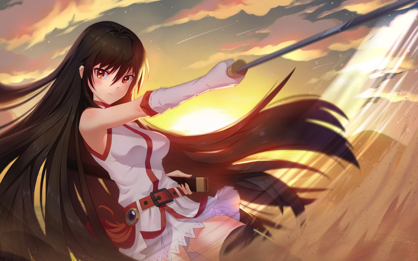 akame_(akame_ga_kill!) akame_ga_kill! black_hair black_thighhighs breasts closed_mouth dusk elbow_gloves female floating_hair frown gloves hair_between_eyes highres holding holding_sword holding_weapon lisong_shen long_hair looking_at_viewer medium_breasts miniskirt outdoors panties pantyshot photoshop_(medium) pleated_skirt red_eyes shirt skirt sleeveless sleeveless_shirt solo straight_hair sword thighhighs underwear very_long_hair weapon white_gloves white_panties white_shirt white_skirt