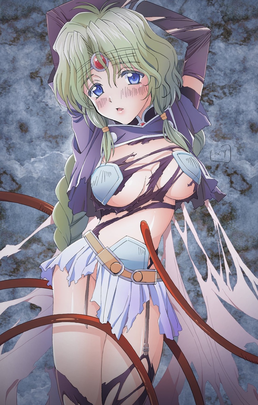 blush breasts circlet female green_hair haou_taikei_ryuu_knight highres large_breasts long_hair looking_at_viewer nori_(norimakigumo) open_mouth paffy_pafuricia purple_eyes skirt solo sweat thighhighs torn_clothes twintails very_long_hair