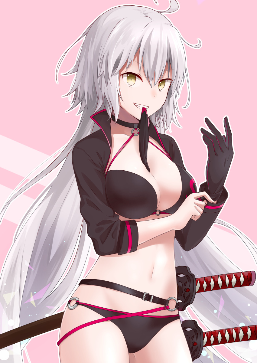 absurdres ahoge bikini black_bikini black_gloves breasts cleavage cowboy_shot fate/grand_order fate_(series) female glove_in_mouth gloves grin hair_between_eyes highres jeanne_d'arc_alter_(fate) jeanne_d'arc_alter_(swimsuit_berserker)_(fate) long_hair medium_breasts mouth_hold navel o-ring o-ring_bikini pink_background ponytail sheath sheathed smile so_ra_01_02 solo standing swimsuit sword very_long_hair weapon white_hair yellow_eyes