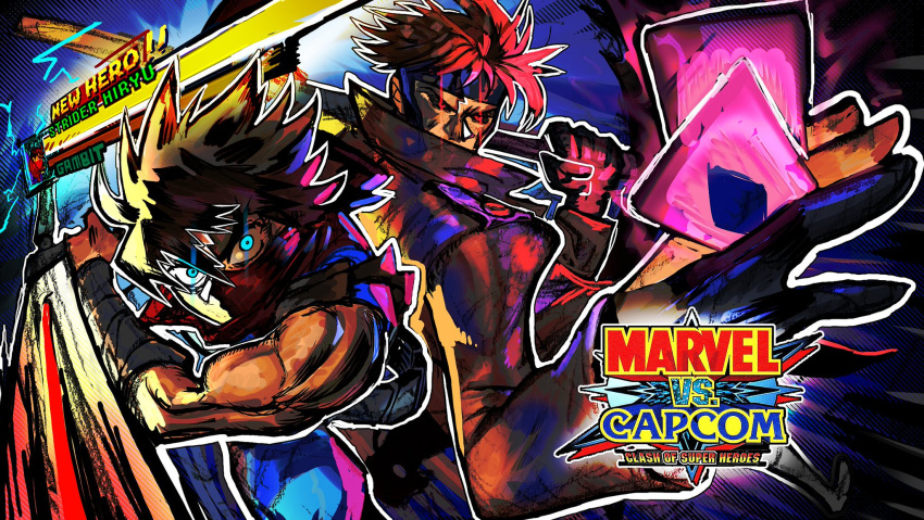 2boys back-to-back biceps blue_eyes card character_name commission gambit glowing glowing_eyes health_bar highres jacket kainonaut logo looking_at_viewer marvel marvel_vs._capcom mask mouth_mask multiple_boys ninja playing_card red_eyes scarf second-party_source sleeveless staff strider_(video_game) strider_hiryuu tonfa weapon x-men