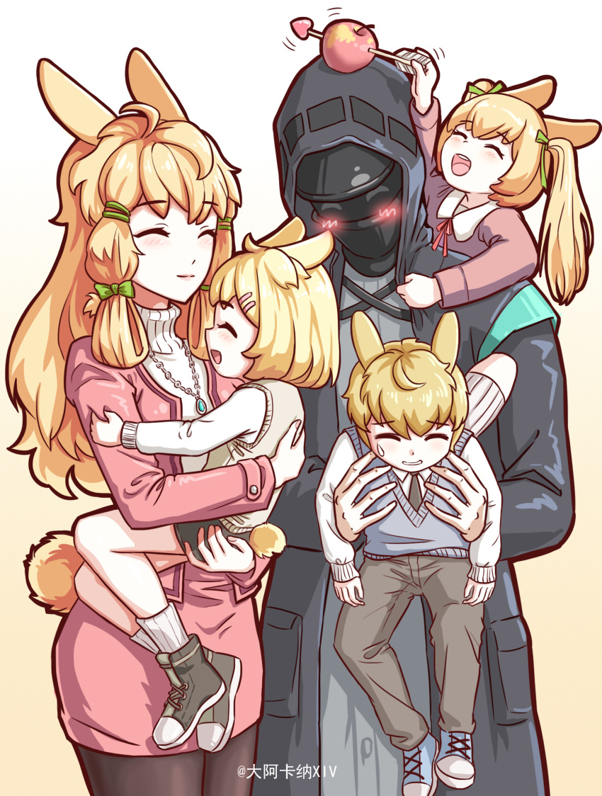 2boys 3girls alternate_costume animal_ears apple apple_on_head arknights arrow_(projectile) arrow_through_apple black_jacket blonde_hair blush chinese_commentary closed_eyes closed_mouth commentary_request da_akana_xiv doctor_(arknights) family food fruit head_scarf highres housewife if_they_mated jacket kroos_(arknights) long_hair looking_at_viewer multiple_boys multiple_girls pantyhose rabbit_ears skirt tail twintails