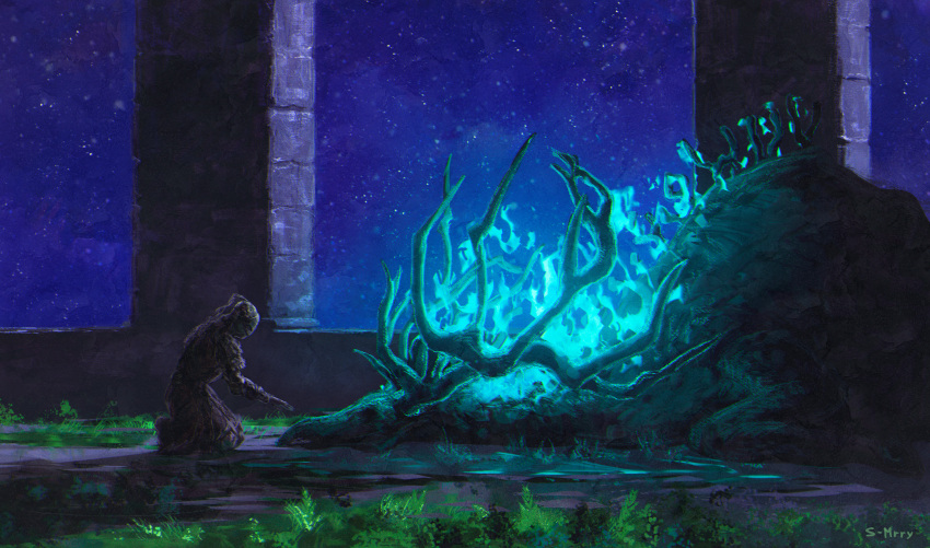 1other ancestor_spirit_(elden_ring) bloodexer blue_fire blue_sky elden_ring fire from_side glowing grass highres kneeling ruins sky tarnished_(elden_ring) wide_shot