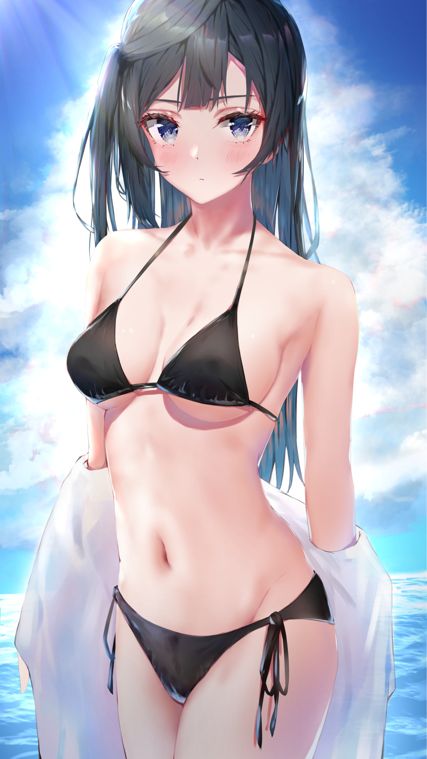 absurdres bikini black_bikini black_eyes black_hair blue_sky breasts cloud commentary_request cowboy_shot day female highres long_hair looking_at_viewer love_live! love_live!_nijigasaki_high_school_idol_club medium_breasts navel one_side_up side-tie_bikini_bottom sky solo standing swimsuit tanaka212 yuki_setsuna_(love_live!)