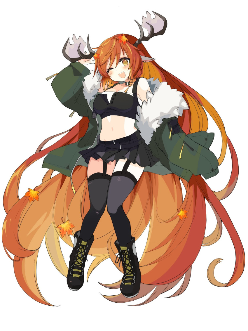 absurdly_long_hair animal_ears antlers axia_(03400441) black_shirt black_skirt blush boots choker crop_top deer_ears deer_girl female full_body garter_straps highres horns indie_virtual_youtuber long_hair maple_alcesia multicolored_hair one_eye_closed orange_hair red_hair shirt skirt solo thighhighs very_long_hair virtual_youtuber yellow_eyes