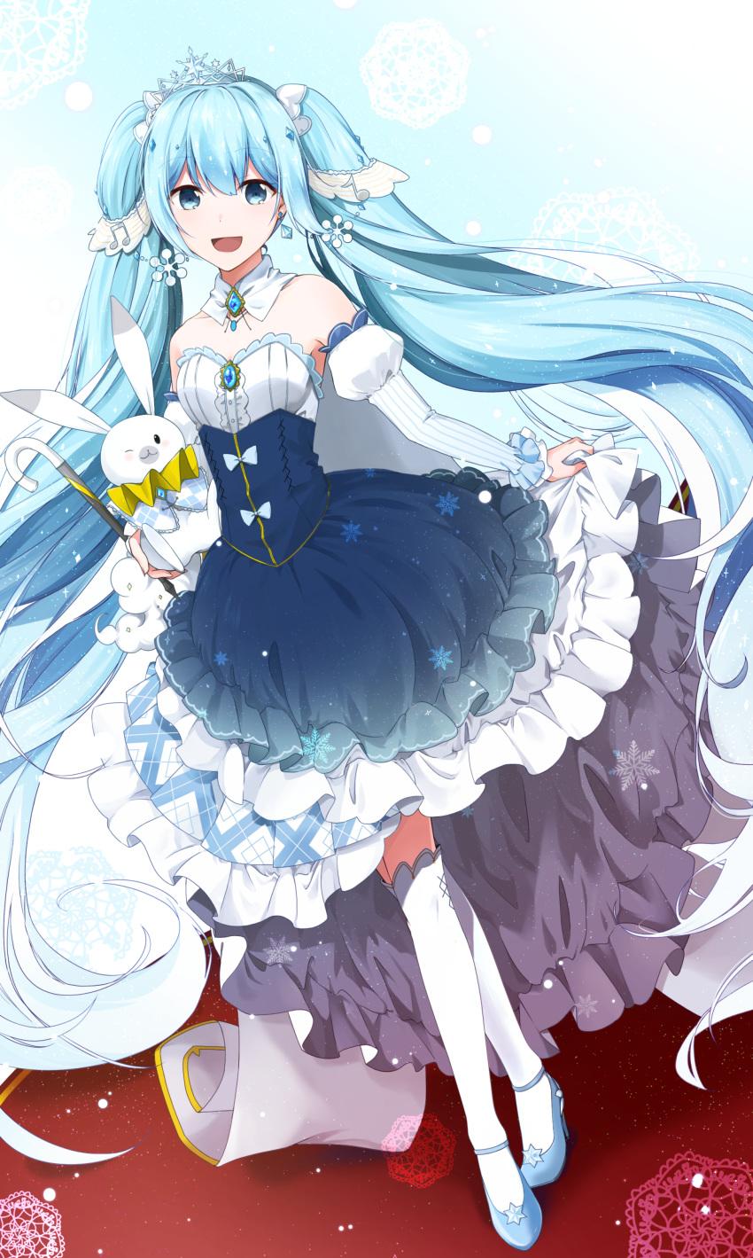 :d absurdres blue_eyes blue_footwear blue_hair bow breasts commentary detached_collar detached_sleeves dress dutch_angle female floating_hair full_body hair_between_eyes hatsune_miku high_heels highres kneehighs layered_dress long_hair long_sleeves looking_at_viewer open_mouth pumps rabbit_yukine small_breasts smile so_ra_01_02 socks solo standing strapless strapless_dress striped striped_sleeves tiara twintails twintails_day vertical_stripes very_long_hair vocaloid white_bow white_legwear white_sleeves yuki_miku yuki_miku_(2019)