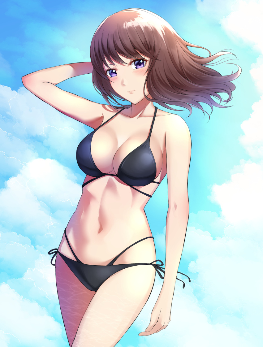 bare_arms bikini black_bikini black_ribbon blush breasts brown_hair cleavage closed_mouth collarbone cowboy_shot female floating_hair hand_in_own_hair highres izumi_rei_(stand_my_heroes) long_hair medium_breasts multi-strapped_bikini navel niaru_(r2pi) outdoors purple_eyes ribbon side-tie_bikini_bottom sideboob solo stand_my_heroes standing straight_hair swimsuit