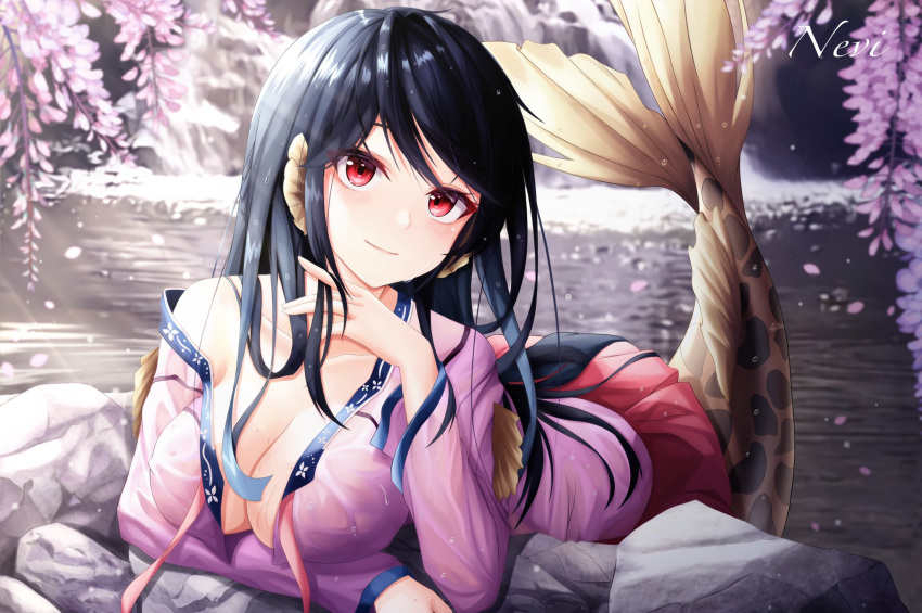 black_hair boku_no_kanojo_wa_ningyohime!? breasts cherry_blossoms cleavage collarbone female fins hand_in_own_hair head_fins highres kimhu94 koma_ion lake large_breasts long_hair looking_at_viewer lying mermaid monster_girl on_stomach open_clothes outdoors partially_unbuttoned pink_skirt red_eyes skirt smile solo talesshop water