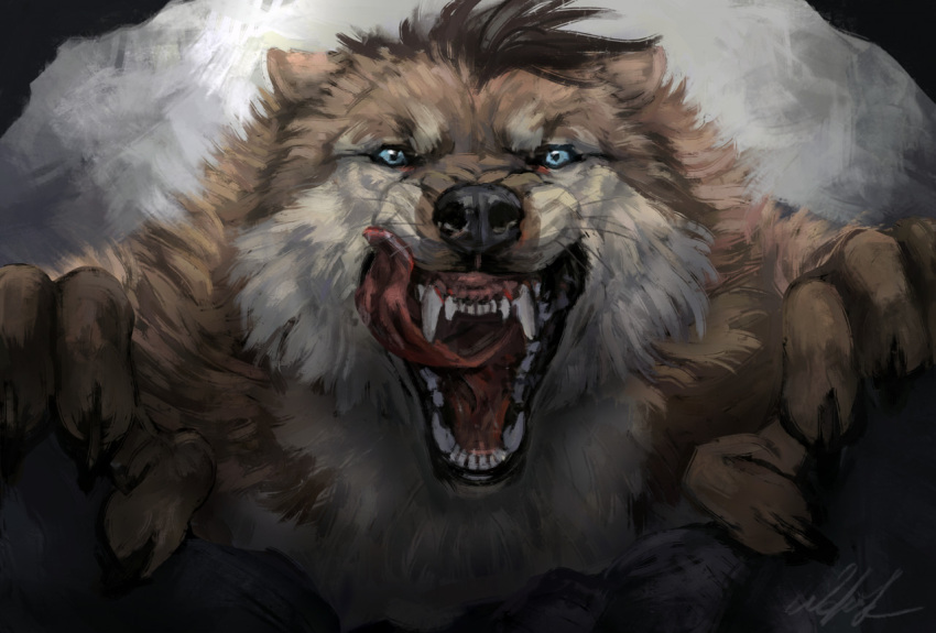 2022 ambiguous_gender anthro black_lips black_nose blue_eyes brown_body brown_fur canid canine canis claws digital_media_(artwork) fingers fur lips looking_at_viewer mammal open_mouth solo teeth tongue wolf wolnir