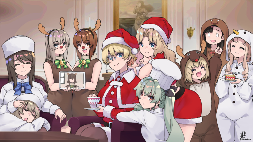 anchovy_(girls_und_panzer) animal_costume bow brown_hair chef_hat christmas cup darjeeling_(girls_und_panzer) drill_hair girls_und_panzer green_hair hat highres itsumi_erika katyusha_(girls_und_panzer) kay_(girls_und_panzer) kimi_tsuru long_hair mika_(girls_und_panzer) monocle multiple_girls nishi_kinuyo nishizumi_maho nishizumi_miho pantyhose portrait_(object) reindeer_costume santa_costume shimada_arisu short_hair teacup twin_drills twintails