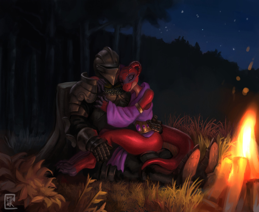 2020 anthro armor belt biped bottomless campfire clothed clothing curved_horn digital_media_(artwork) digital_painting_(artwork) duo ethrk female forest hi_res horn hug human knight kobold magic_user male mammal night plant purple_clothing purple_robe red_body red_eyes red_horn red_skin robe romantic romantic_ambiance romantic_couple scalie sitting sky topwear tree warrior