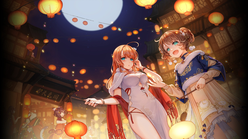 1boy 3girls aihara_mai animal_ears bands blonde_hair blue_eyes breasts brown_hair cat_ears cat_tail collar dress dutch_angle full_moon fur_collar fur_trim furry furry_male hair_bun hair_ornament highres hina_momo holding holding_stick ichihime japanese_clothes lantern mahjong_soul medium_breasts moon multiple_girls night official_art open_mouth paper_lantern red_scarf scarf shine_cheese single_side_bun smile sparkle stick tail wanjirou white_dress