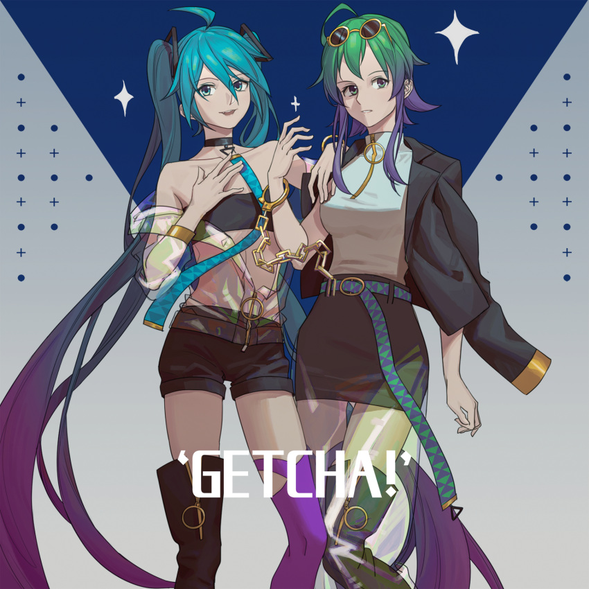 aqua_eyes aqua_hair aqua_shirt asymmetrical_legwear bare_shoulders belt black_legwear black_shorts black_skirt bracelet chains cuffs eyewear_on_head feet_out_of_frame getcha!_(vocaloid) gold_chain green_eyes green_hair gumi hand_on_own_chest handcuffs hatsune_miku highres jacket jacket_on_shoulders jewelry long_hair medium_hair miniskirt mismatched_legwear multiple_girls open_clothes open_jacket parted_lips purple_legwear see-through see-through_jacket shirt short_shorts shorts skirt smile song_name sparkle standing strapless sunglasses thighhighs tube_top twintails very_long_hair vocaloid wounds404 yellow-framed_eyewear