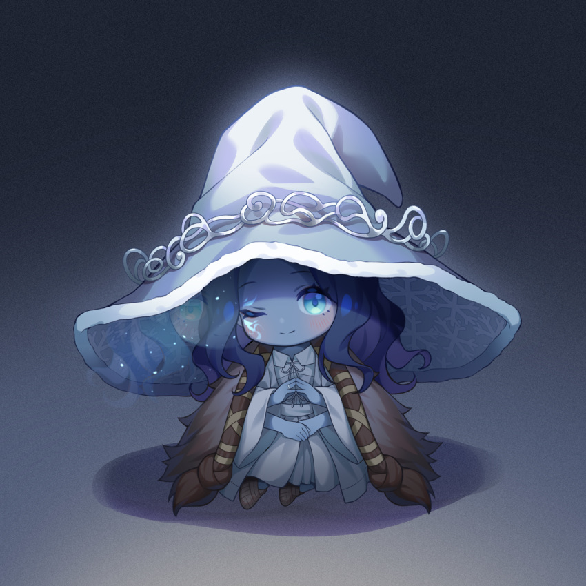 blue_eyes blue_hair blue_skin blush brown_footwear chibi chinese_commentary cloak closed_mouth collared_dress colored_skin commentary dress elden_ring extra_arms extra_faces female fon_(forevermenories) full_body fur_cloak glowing_tattoo gradient_background hat highres jewelry long_hair long_sleeves looking_at_viewer miniature_ranni one_eye_closed ranni_the_witch ring shadow sitting smile solo white_dress wide_sleeves witch witch_hat yokozuwari